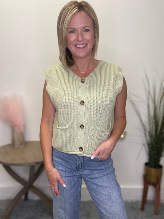 le lis light green sleeveless sweater vest big button front pockets top