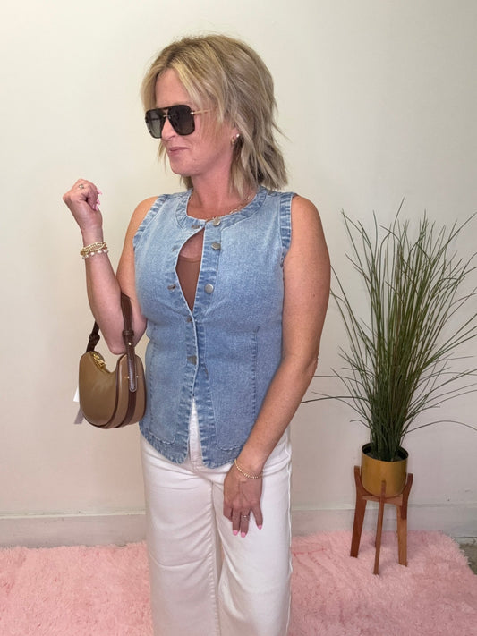 Light Denim Longer Length Stretchy Denim Vest