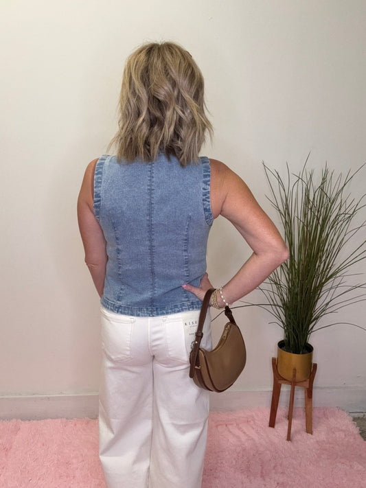 Light Denim Longer Length Stretchy Denim Vest