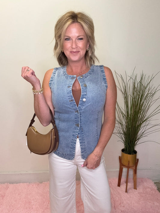Light Denim Longer Length Stretchy Denim Vest 110 Tops - Ella Chic BoutiqueBlu Pepper