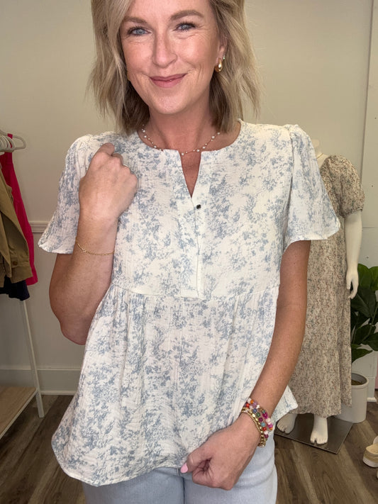 Light Blue Print Gauze Peplum Top