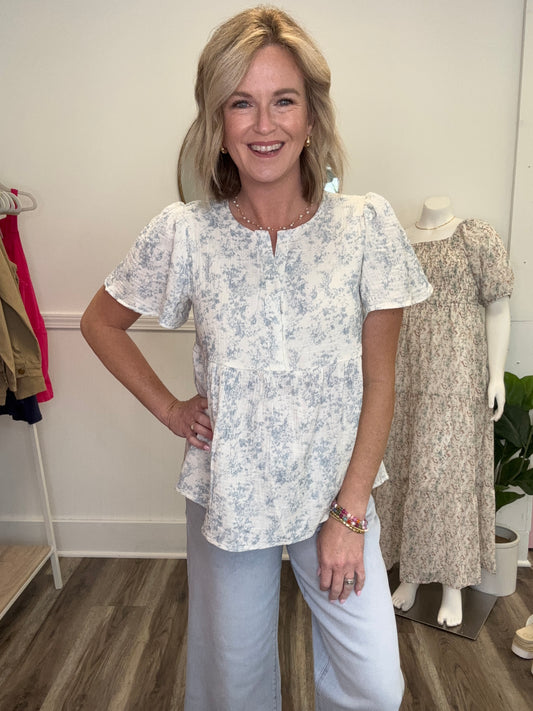 Light Blue Print Gauze Peplum Top