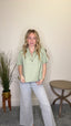 Linen Blend Split V - Neck Short Sleeve Mint Top 110 Tops - Ella Chic Boutique