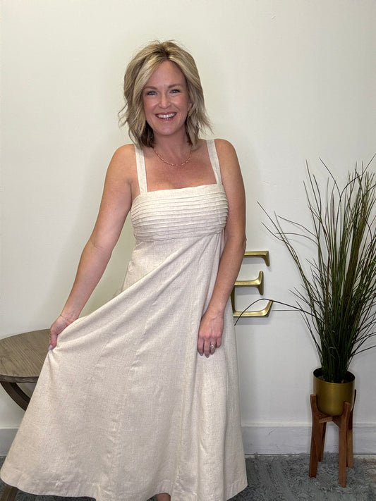 linen hem and thread dress oatmeal full skirt high quality midi boutique roanoke, in