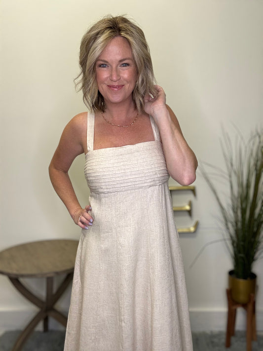 Oatmeal Linen Pleated Fit and Flare Midi Dress