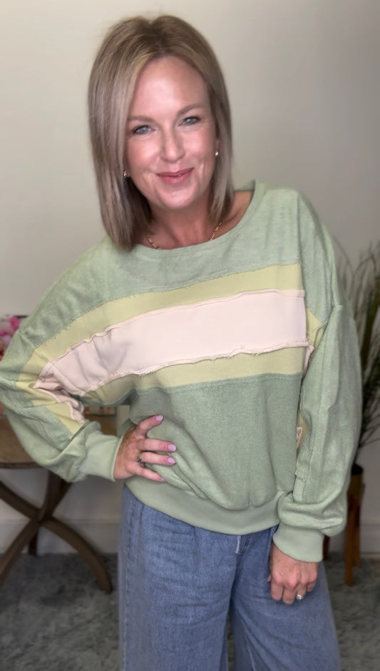 Listicle green cream olive sweatshirt boatneck large stripes raw edge textured fabric top