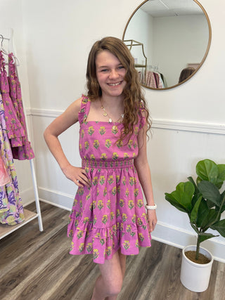 Lovely Pink Ruffles Clancy Dress - Girls Kids Clothing - Ella Chic Boutique Little Love Birds purple floral spring summer tween