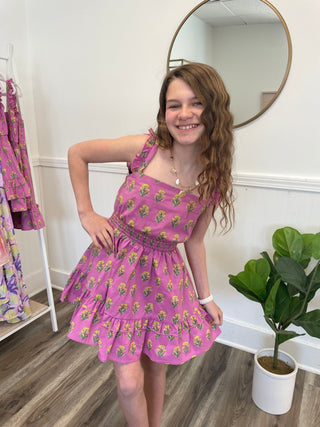 Lovely Pink Ruffles Clancy Dress - Girls Kids Clothing - Ella Chic Boutique Little Love Birds purple floral spring summer tween