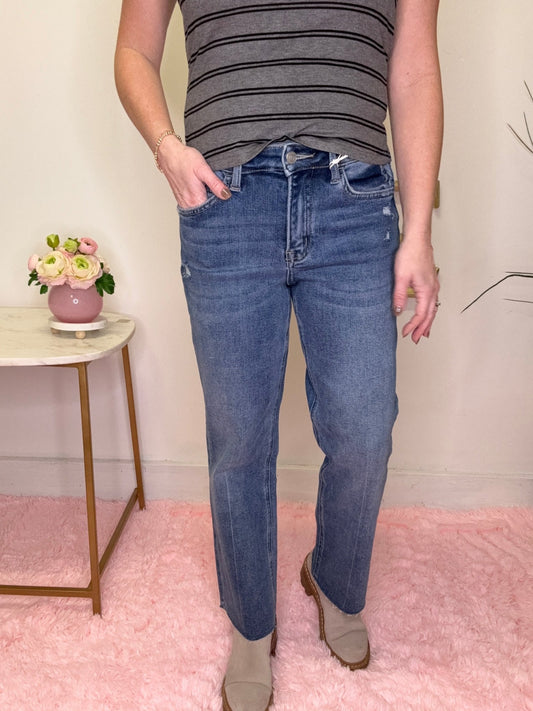 Lovervet Kassia High Rise Medium Wash Raw Hem Ankle Straight Jeans