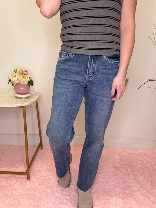 Lovervet Kassia High Rise Medium Wash Raw Hem Ankle Straight Jeans