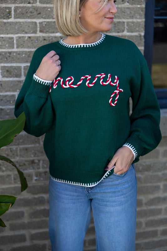 Merry Embroidered Sweater With Contrasting Neckline green white red holiday Christmas Sweaters top Ella Chic Boutique