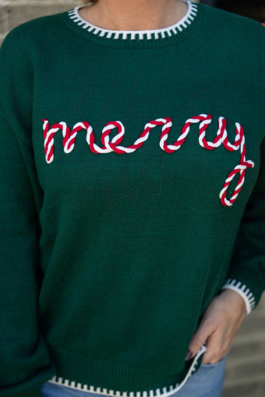 Merry Embroidered Sweater With Contrasting Neckline green red white Christmas holiday Sweaters - Ella Chic Boutique