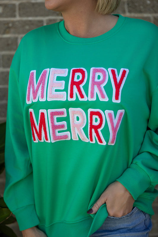 Merry Merry Sarah Sweatshirt with Chenille Letters 110 Tops - Ella Chic Boutique