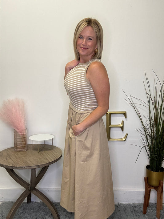 mixed media fabric tank dress buttermelon boutique tan taupe stripes pockets midi