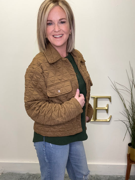 brown mocha triangle quilted stretchy jacket shacket layer so me 