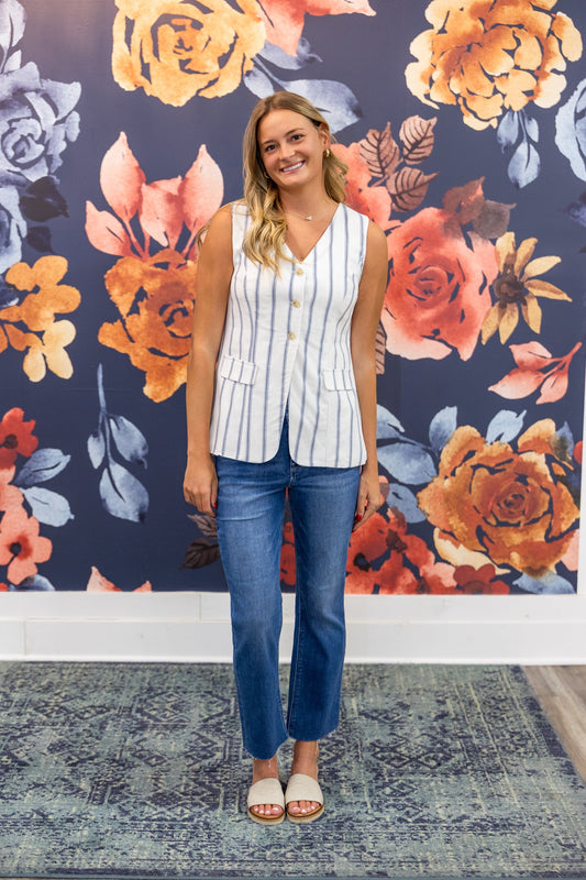 Multi-Stripe Cream Longer Linen Vest