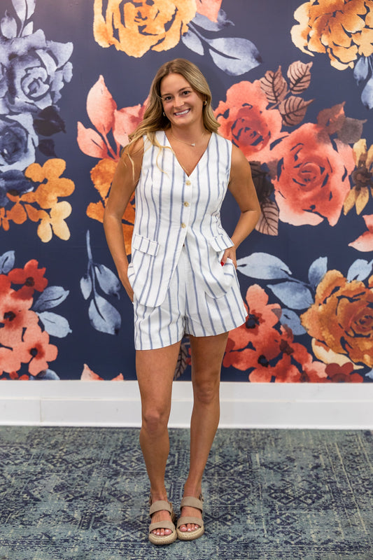 Multi-Stripe Cream Longer Linen Vest