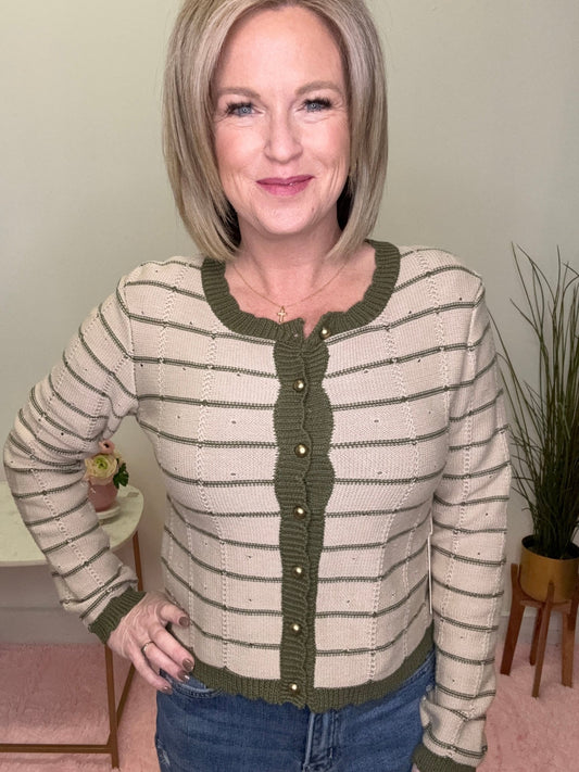 Olive Trim Button Up Cardigan Sweater