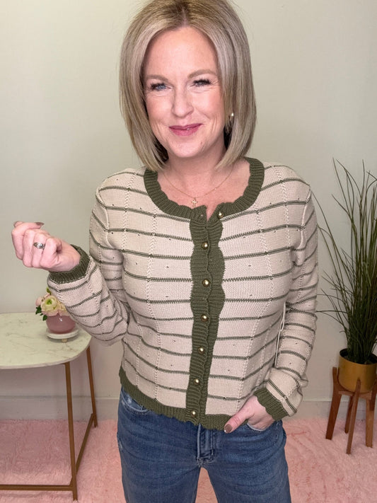Olive Trim Button Up Cardigan Sweater