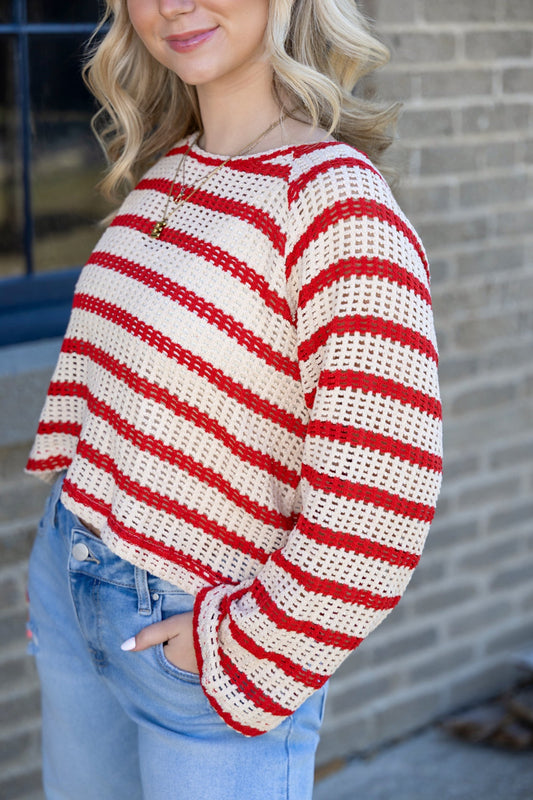 Open Knit Striped Red Cropped Sweater