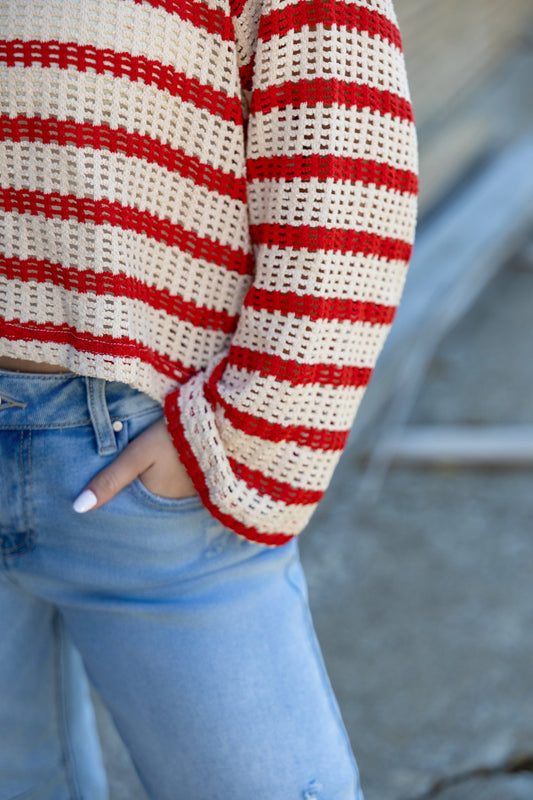 Open Knit Striped Red Cropped Sweater 130 Sweaters - Ella Chic Boutique