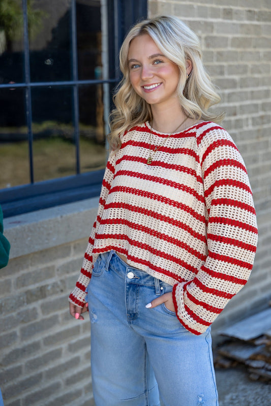 Open Knit Striped Red Cropped Sweater 130 Sweaters - Ella Chic Boutique