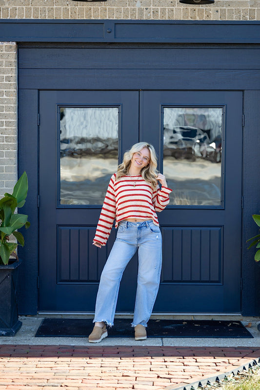 Open Knit Striped Red Cropped Sweater