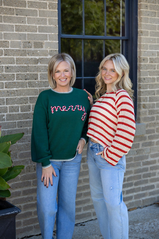 Open Knit Striped Red Cropped Sweater 130 Sweaters - Ella Chic Boutique