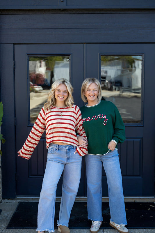 Open Knit Striped Red Cropped Sweater 130 Sweaters - Ella Chic Boutique