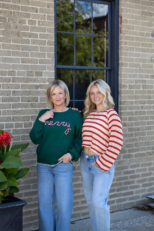 Open Knit Striped Red Cropped Sweater 130 Sweaters - Ella Chic Boutique
