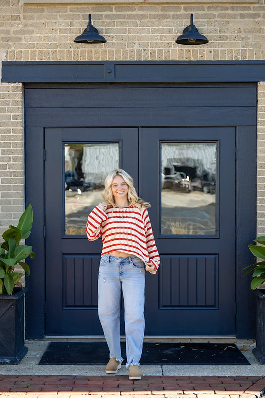 Open Knit Striped Red Cropped Sweater 130 Sweaters - Ella Chic Boutique