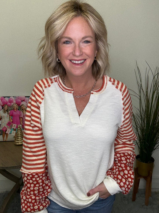 Oversized Floral And Striped Knit Top in Cream 110 Tops - Ella Chic Boutique