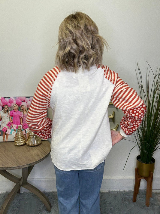 Oversized Floral And Striped Knit Top in Cream 110 Tops - Ella Chic Boutique