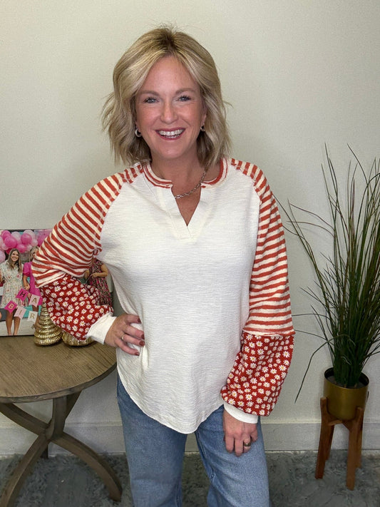 Oversized Floral And Striped Knit Top in Cream