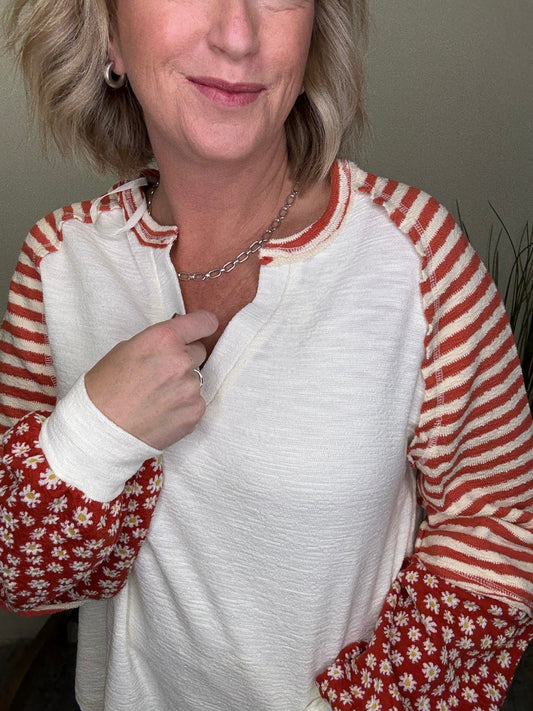 Oversized Floral And Striped Knit Top in Cream 110 Tops - Ella Chic Boutique