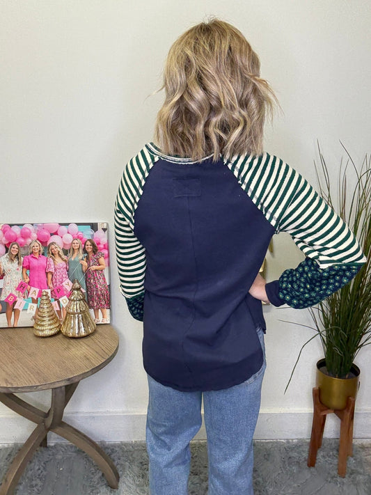 Oversized Floral And Stripes Knit Top in Green 110 Tops - Ella Chic Boutique