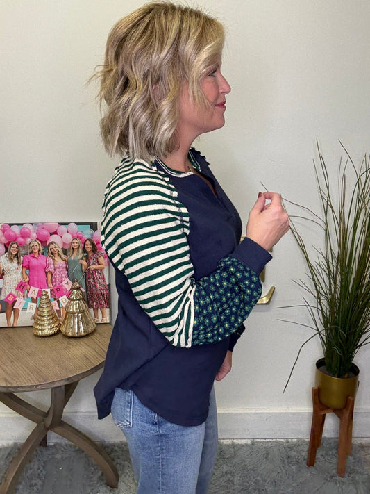 Oversized Floral And Stripes Knit Top in Green 110 Tops - Ella Chic Boutique