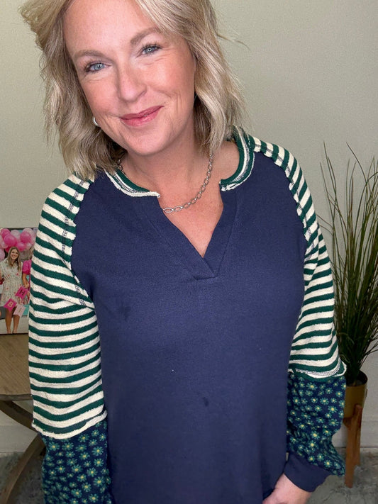 Oversized Floral And Stripes Knit Top in Green 110 Tops - Ella Chic Boutique