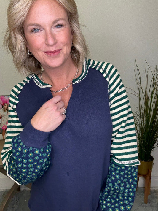 Oversized Floral And Stripes Knit Top in Green 110 Tops - Ella Chic Boutique