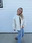 Oversized Quilted Floral Bomber Jacket white cream blue green snap front main strip Ella Chic Boutique