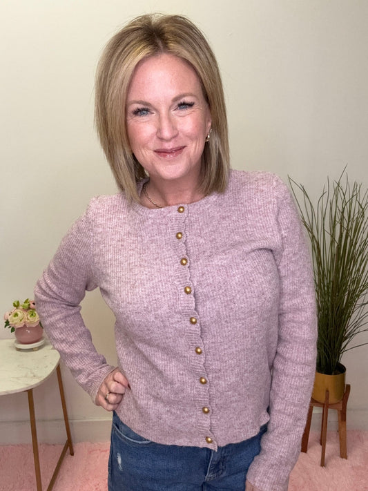 Pearl Button Ribbed Knit Cardigan in Mauve