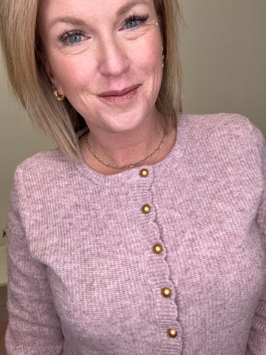 Pearl Button Ribbed Knit Cardigan in Mauve