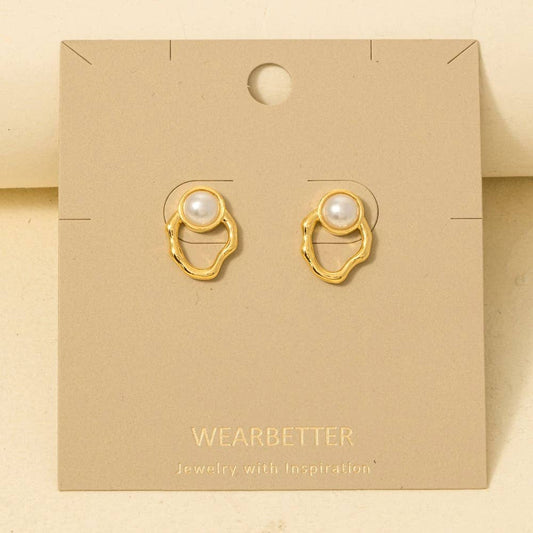 Pearl Stud Warped Oval Post Earrings