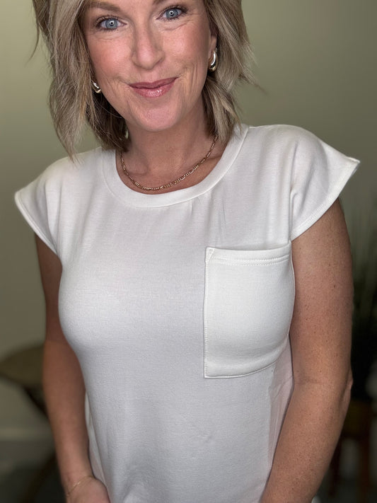 perfect white tee shirt top pocket non-sheer cap sleeve split hem mikarose