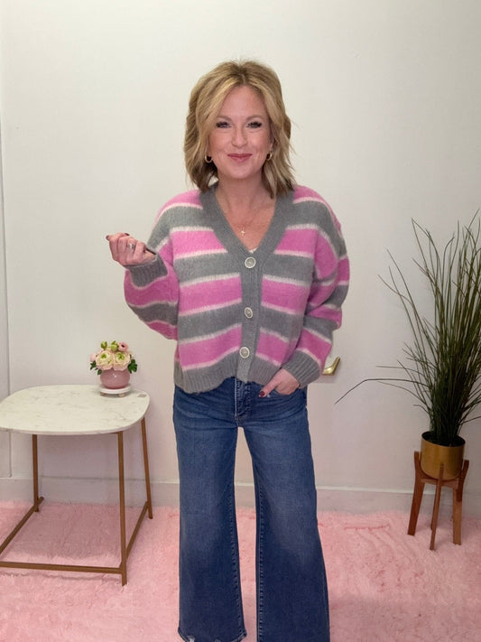 Pink and Gray Striped Fuzzy Knit Cardigan