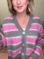 Pink and Gray Striped Fuzzy Knit Cardigan