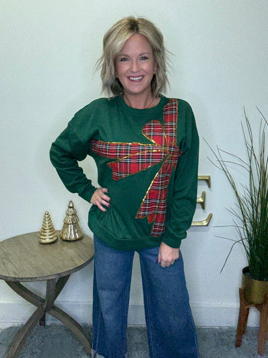 Plaid Ribbon Bow Detail Fleece Pullover