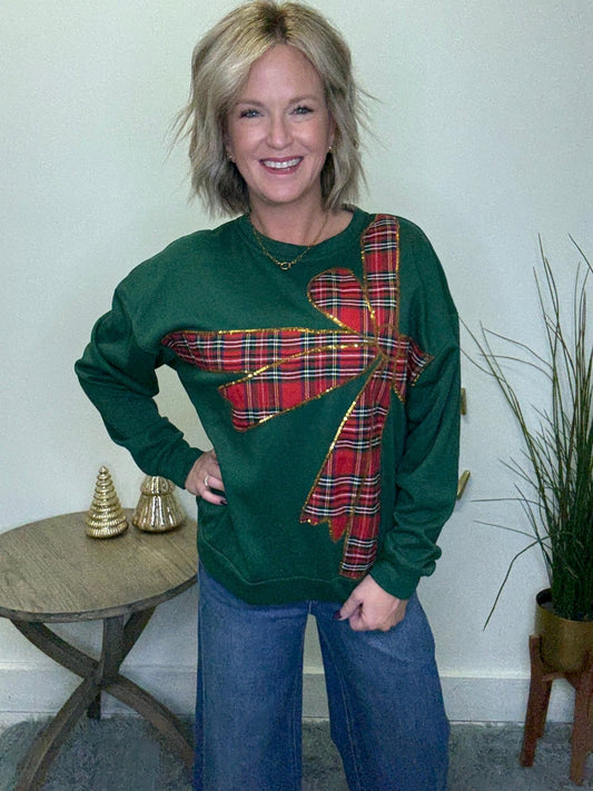 Plaid Ribbon Bow Detail Fleece Pullover 110 Tops - Ella Chic Boutique