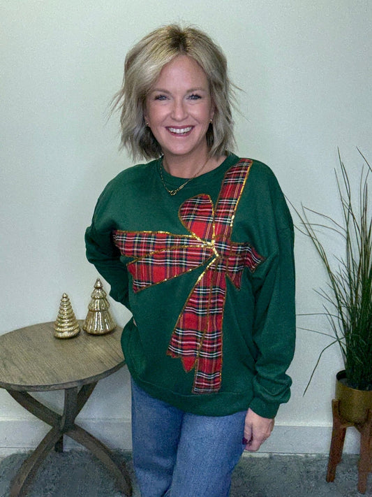 Plaid Ribbon Bow Detail Fleece Pullover 110 Tops - Ella Chic Boutique