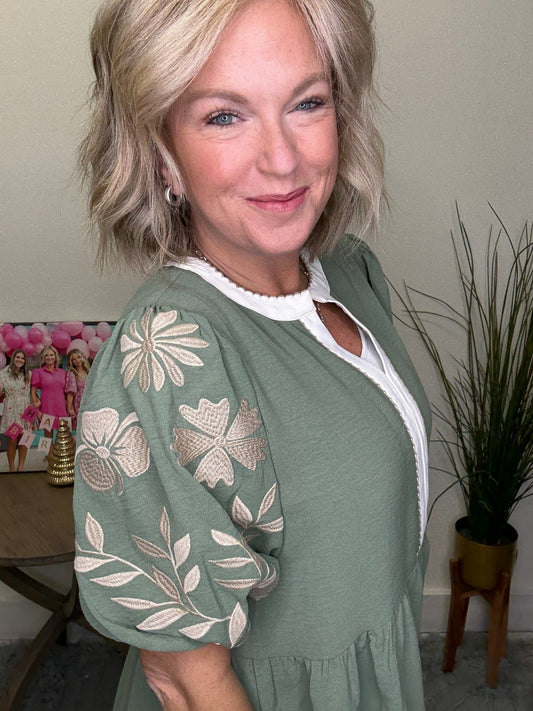 Pleased Puff Sleeve Basil Green Peplum Top 110 Tops - Ella Chic Boutique